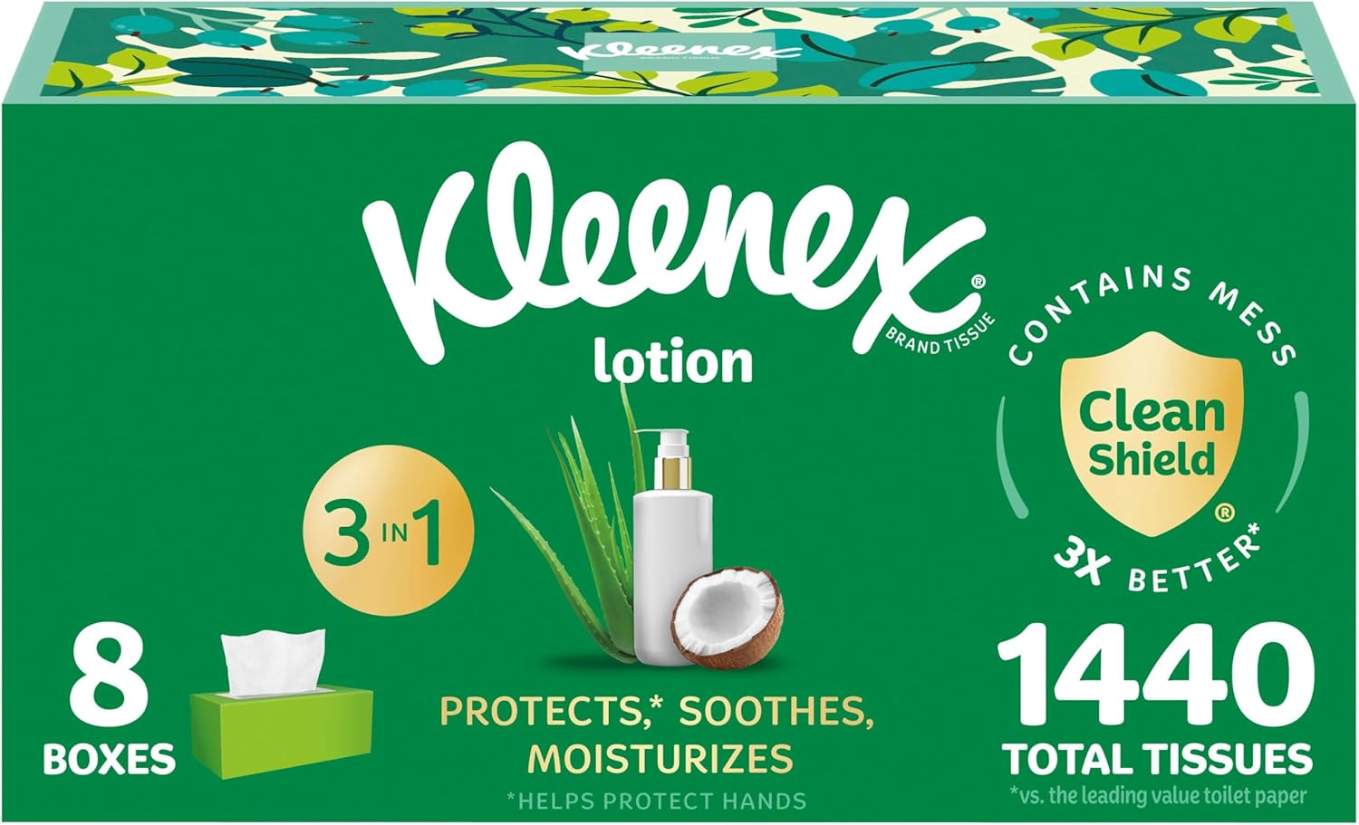 Kleenex Lotion Facial Tissues with Coconut Oil, 8 Flat Boxes, 180 Tissues Per Box, 3-Ply
